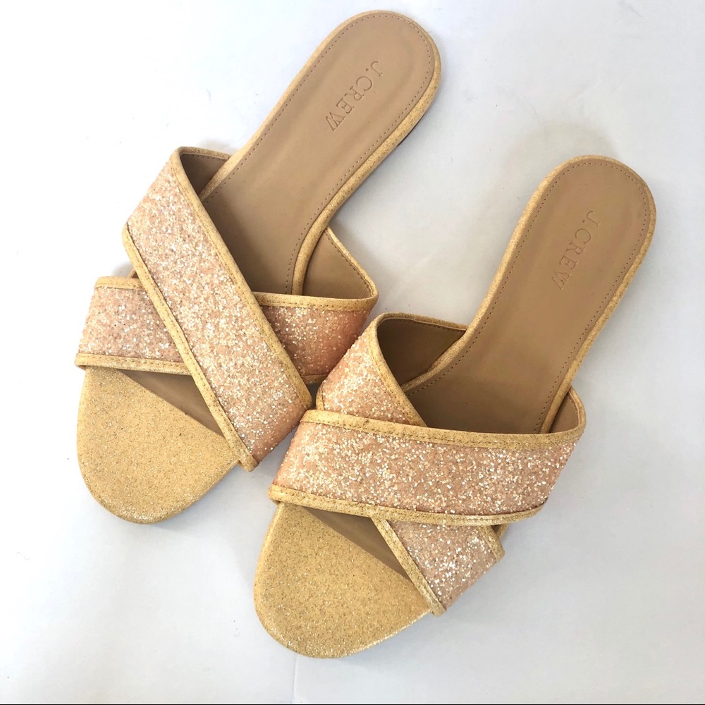 J Crew glitter gold slip on slides/flats, size 10